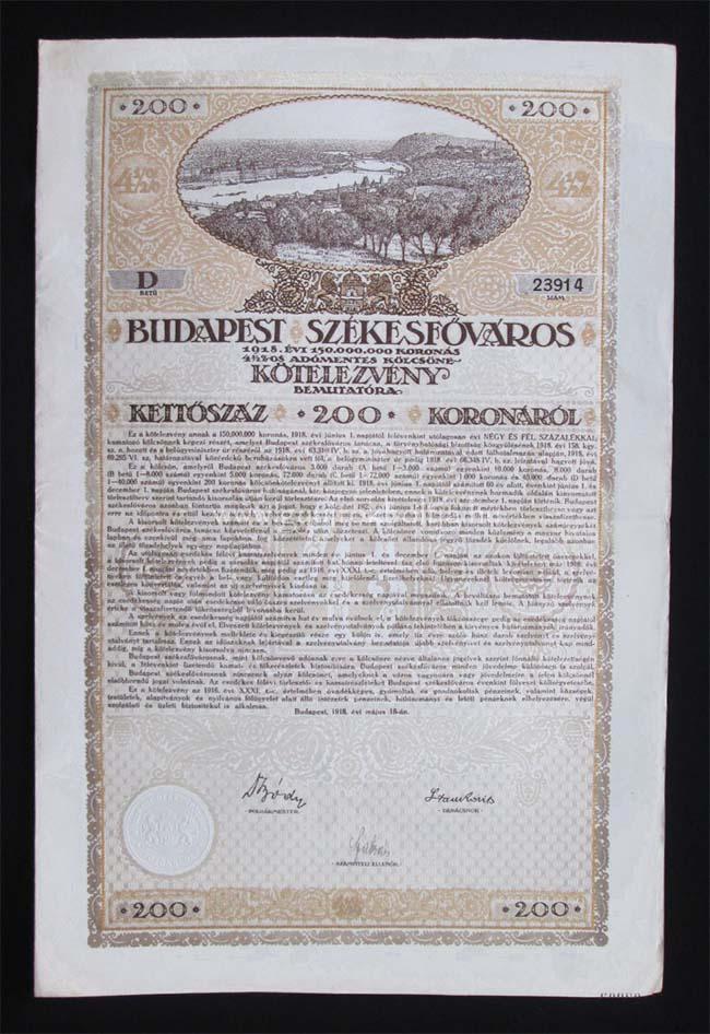Budapest Szkesfvros ktelezvny 200 korona 1918